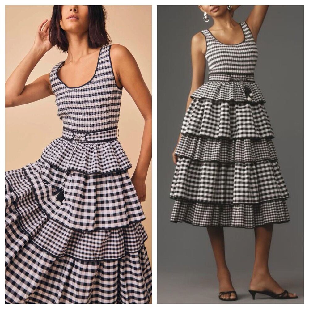 Hunter Bell Andrea Black White Gingham Smocked Tiered Midi Dress Anthropologie 6